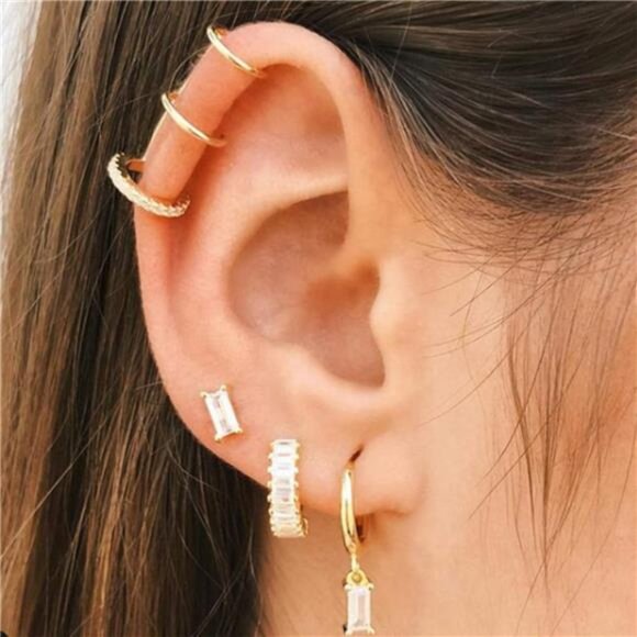 Small Gold Hoop Earrings Set for Women Diamond Pave Gold Earrings Set - Picture 10 of 16